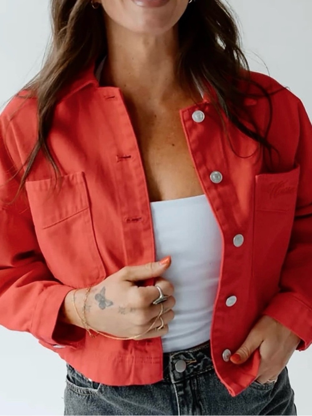 Gameday Wisconsin Badgers Sanders Oversized Cropped Denim Twill Jacket Red Sz L - Picture 1 of 10